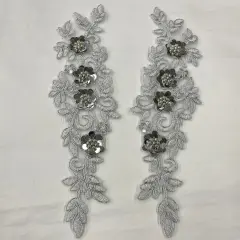 1 Pair 11" x 3" Each Side Beaded & Corded Floral 3D Lace Applique 100% Polyester Net Mesh Silver