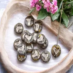*15* 12mm Platinum Washed Green Amber Picasso Bird Coin Beads