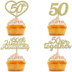 24Pcs 50th Wedding Anniversary Cupcake Toppers - Gold