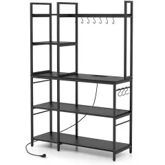Metal and Wood Kitchen Backers Rack with Charging Ports, 5 Tiers and Anti-Tip Safety Black