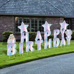 18 Pcs Iridescent Happy Birthday Yard Sign with Stakes Shiny Happy Birthday Yard Lawn Signs Cake Balloon Star Outdoor Birthday Yard Decorations for Birthday Party Supplies, Laser Color
