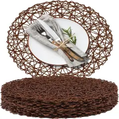 Paper Braided Round Placemats Set of 12 Natural Non-Slip Heat Resistant Table Mats for Dining Tables Woven Indoor & Outdoor Place mats(Coffee,12)