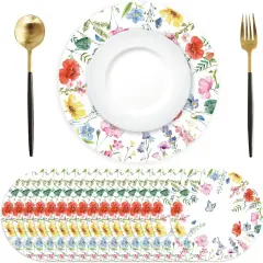 Paper Placemats Disposable 50 Pack Spring Flowers Place Mats 13.4 Inch Round Decorative Butterfly Wildflower Table Mats for Spring Birthday Bridal Wedding Party Supplies
