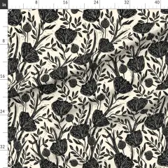 Various Fabrics by the Yard or Fat Quarter Black Floral Retro Poppy Botanical Linocut Cottagecore Stamped Texture Custom Printed Fabric by Spoonflower