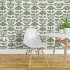 Pre-Pasted Wallpaper 2FT Wide Scandi Flowers Green Hand Drawn Floral Scandinavian Folk Art Cottagecore Farmhouse Custom Pre-pasted Wallpaper by Spoonflower