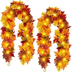 2PCS Fall Maple Leaf Garland with Yellow Lights (11.8FT)