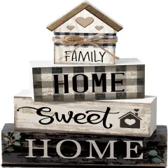 4 Pcs Farmhouse Wooden Tabletop D&eacute;cor &ndash; Rustic House Shaped Block Signs for Tiered Tray, Shelf, Mantle & Neutral Centerpieces &ndash; Sweet Home Rustic Housewarming Gift Set