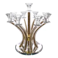 CrystalCandelabra Round Design with Inner Gemstones - 9 Arms Gold
