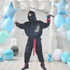 Mens Ninja Fighter Costume with Gold Dragon Print and Red Sash Detail