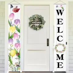 Welcome Banner 2 Pack Spring Door Sign Hanging Banners Welcome Tulip Happy Spring Porch Sign Seasonal Spring Summer Party Decorations for Indoor Outdoor Garden