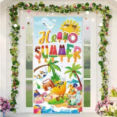 Hello Summer Door Cover Decorations 6x2.9 FT Tropical Beach Party Door Banner, Hawaiian Beach Summer Party Supplies Backdrop Banner for Tiki Beach Pool Birthday Party Indoor Outdoor