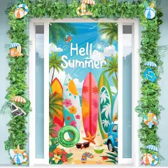 Hello Summer Beach Door Banner Decorations Surfboard Summer Door Banner Hello Summer Door Cover Banner Backdrop for Front Door Summer Surfing Beach Pool Birthday Holiday Party Supplies Indoor Outdoor