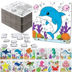 24 Pack Under The Sea Color Your Own Jigsaw Puzzles for Kids Ages 3-5, 4-6, 6-8, Coloring Crafts DIY Paper Puzzles Party Favors Gifts