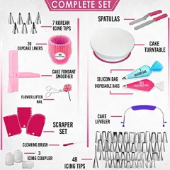 200 Pieces Gift For Women-Cake Decorating Supplies Kit for Beginners RFAQK - Turntable with 48 Numbered Piping &7 Korean Tips(Pattern chart included)-Straight & Offset Spatula-Leveler &Baking tools