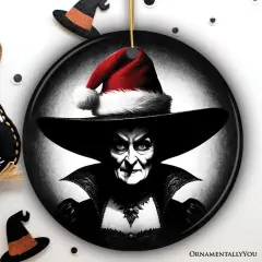 Spooky Witch with Santa Hat Ceramic Ornament, Halloween Themed Christmas Gift and Decor Circle