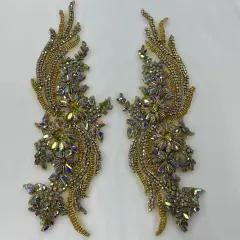 1 Pair 14" x 4" Each Side Crystal Rhinestone Beaded & Corded Lace 100% Polyester Gold AB