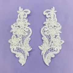 1 Pair Beaded Lace Applique Embroidered on 100% Polyester Organza 7" x 2.5" Each Side White