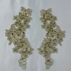 1 Pair 9" x 3" Each Side Beaded & Corded Floral Lace Applique Organza Metallic Gold-BP