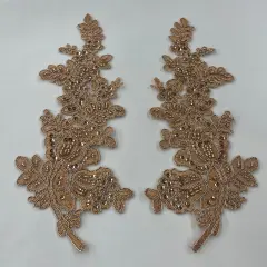 1 Pair Beaded & Corded Floral Lace Applique 100% Polyester Net Mesh 12" X 3.5" Each Side Rose Gold Color