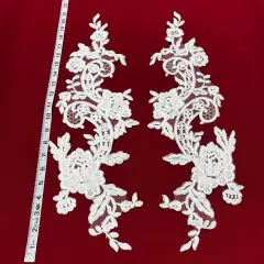 1 Pair Corded Floral Lace Applique 100% Polyester Net Mesh 22" x 5" Per Side White