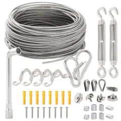 82-Foot Outdoor Light Hanging Kit with 2mm Vinyl-Coated Stainless Steel Rope and Mounting Hardware Silver