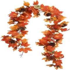 6FT Fall Garland, Fall Maple Leaf Garland Decor with Velvet Pumpkin