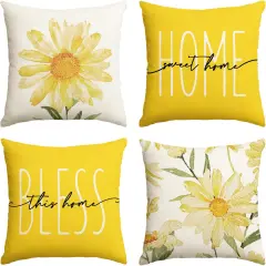 colorlife Home Sweet Home Spring Summer Flowers Yellow Throw Pillow Covers, 18 x 18 Inch Cushion Case for Sofa Couch Set of 4