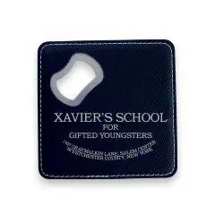 Coaster W/ BOTTLE OPENER - Xavier School for the gifted and talented - SET OF 2 LEATHER Black/Silver