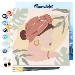 Figured'Art Mini Paint by Numbers Kit for Adults with Frame Abstract Woman in Blush Red Turban Small format 8"x8" - Craft Art Painting DIY Canvas Already Stretched on a Wooden Frame