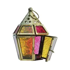 In the Breeze 9204 &mdash; Pink & Yellow Mini Hex Tealight Lantern &mdash; Moroccan-Style Boho Chic Tealight Glass and Metal Tabletop Lantern