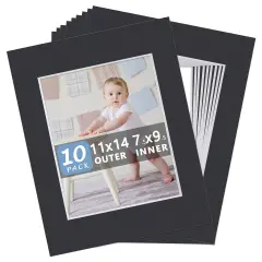 10 Pack Pre-Cut 11 x 14 Black Picture Mats for 8x10 Photos - White Core Bevel Cut Frame Matte, Acid Free, Ideal for Frames/Artwork/Prints