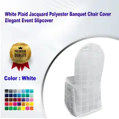 White Plaid Jacquard Polyester Banquet Chair Cover Elegant Event Slipcover