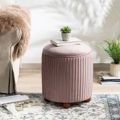 Modern Dusty Pleated Velvet Upholstered Storage Ottoman or Accent Stool with Rubberwood Ball Feet Pink