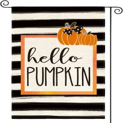 Hello Pumpkin Fall Garden Flag 12 x 18 Inch Watercolor Stripes Double Sided