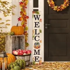 Welcome Sign 47 inch Autumn Pumpkin Vertical Wooden Porch Sign Front Door(White)