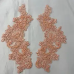 1 Pair 9" x 3" Each Side Beaded & Corded Floral Lace Applique Organza Peach Color