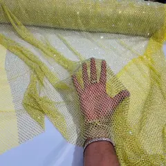 1 Yard Sparkly AB Rhinestone Fishnet Fabric Stretch Mesh for Costumes, D&eacute;cor, and Apparel Yellow Iridescent