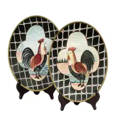 Pair of 10 Inch Diameter Ceramic Rooster Decorative Plates Multicolor