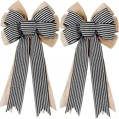 2 Pack Black White Stripe Burlap Fall Bows for Wreaths Decorations,Rustic Farmhouse Crafts Bow Wrapping Tree Topper Wedding Holiday Birthday Party Wall Home Front Door