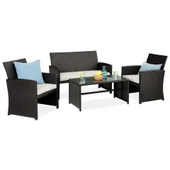 Best Choice Products 4-Piece Outdoor Wicker Patio Conversation Furniture Set w/ Table, Cushions Black/White Sand