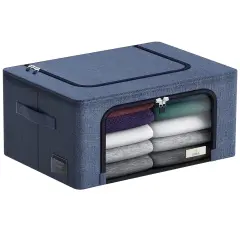 Sorbus 1 Pack Storage Bin with Metal Frame - Stackable & Foldable Bedding, Linen, and Clothes Organizer Bags with Window and Handles Blue