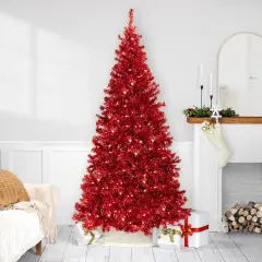 Northlight Pre-Lit Artificial Tinsel Christmas Tree - 9' - Red - Clear Lights