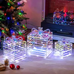 Costway 3 PCS Christmas Lighted Gift Boxes Pre-lit 90 LED Light Up Present Box Decorations