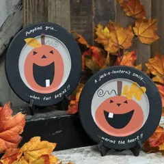 Set of 2 Gray Painted Ceramic Autumn Decorative Plates &ndash; Pumpkin Designs with Seasonal Fall Quotes