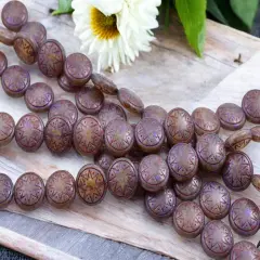 *12* 13mm Red Washed Matte Purple Over White Opal Ishtar Coin Beads