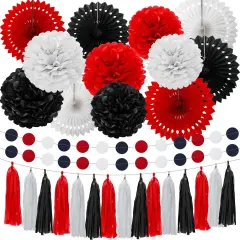 29 Pcs Red and Black Decorations Mouse Paper Decoration Fan Pom Pom Honeycomb Flower Tissue Tassel Garland Theme Party Supplies for Graduation Birthday(White, Red, Black)