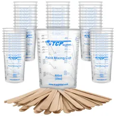 TCP Global 20 Ounce (600ml) Disposable Flexible Clear Graduated Plastic Mixing Cups - Box of 50 Cups & 50 Mixing Sticks - Use for Paint, Resin, Epoxy