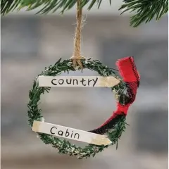 Country Cabin Wreath Ornament with Buffalo Check Ribbon and Jute Cord Hanger