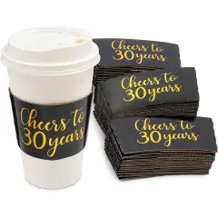 Cheers to 30 Years Coffee Cup Drink Sleeves for 30th Anniversary or Birthday, Fits 12-16 oz Cups (Gold Foil, 50 Pack) Black