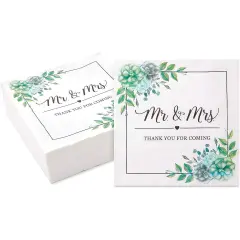 Succulent Floral Mr. and Mrs. Paper Napkins for Wedding (6.5 x 6.5 x 0.01 inches, 100 Pack) White